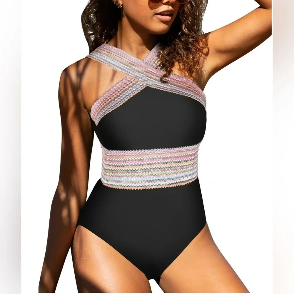 NWOT hilor Black with rainbow multi color crossover one piece swimsuit 12